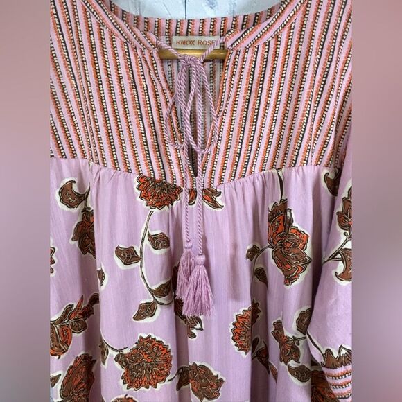 Knox Rose Berry Pink Floral Puff Sleeve Tassel Tie Cottagecore Boho Mini Dress L - Picture 4 of 10